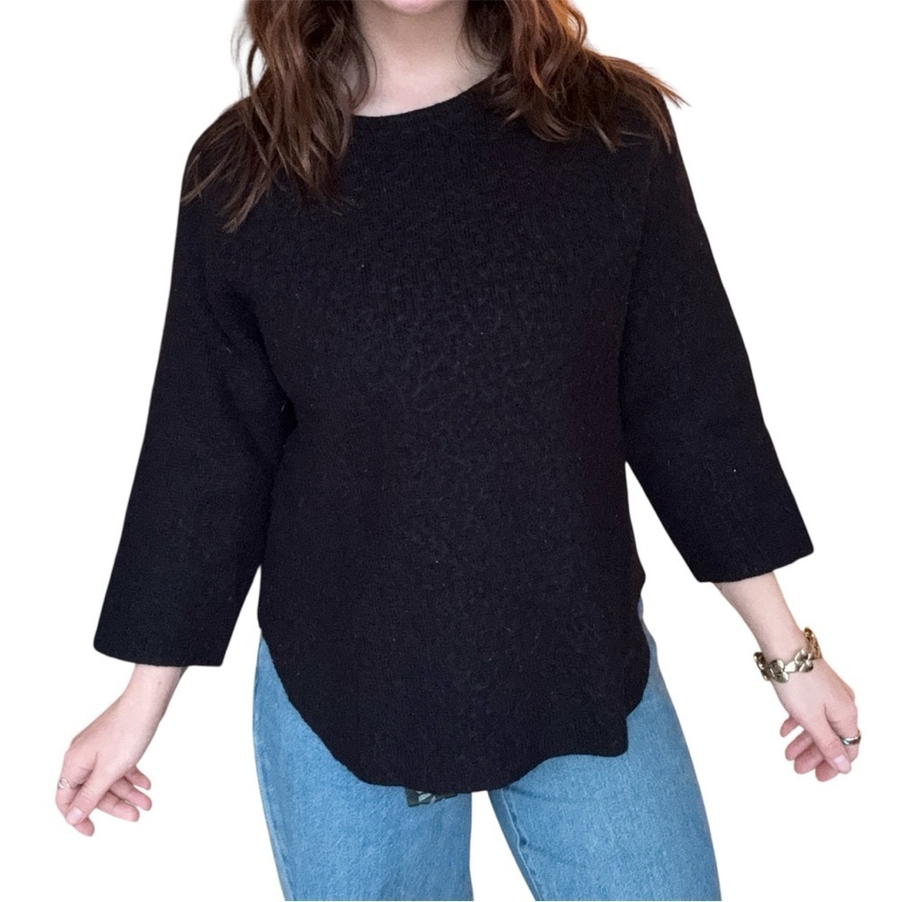 OAK + FORT Wool Blend Black Knit Sweater Minimalist 3/4 Sleeve Jumper Classic